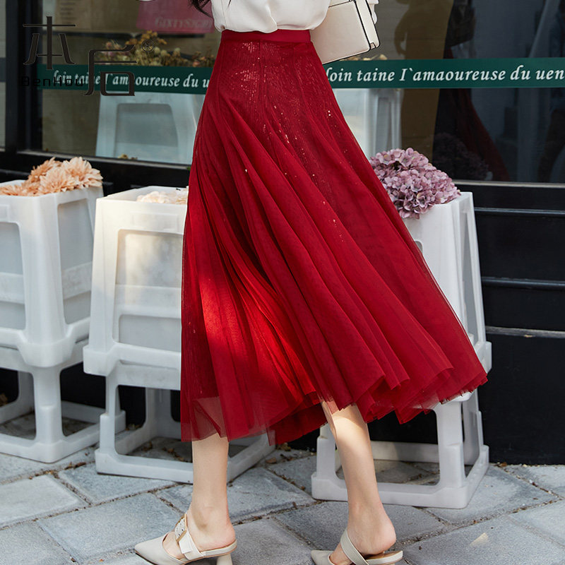 重工10米大摆 a字半身裙春秋女中长款2025新款四层纱裙显瘦网纱裙