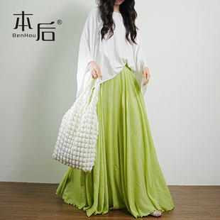 1725 仿棉麻大摆a字半身裙春夏女长裙垂感松弛风褶皱气质高腰裙子