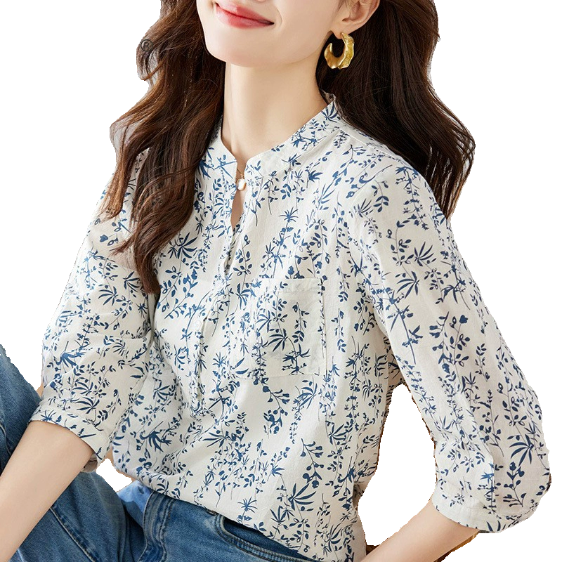 35026-国风青花瓷碎花纯棉衬衫