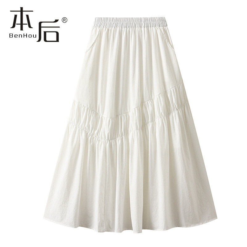 2463 口袋不规则时尚百褶半身裙春秋2025新款A字伞裙中长款高腰裙