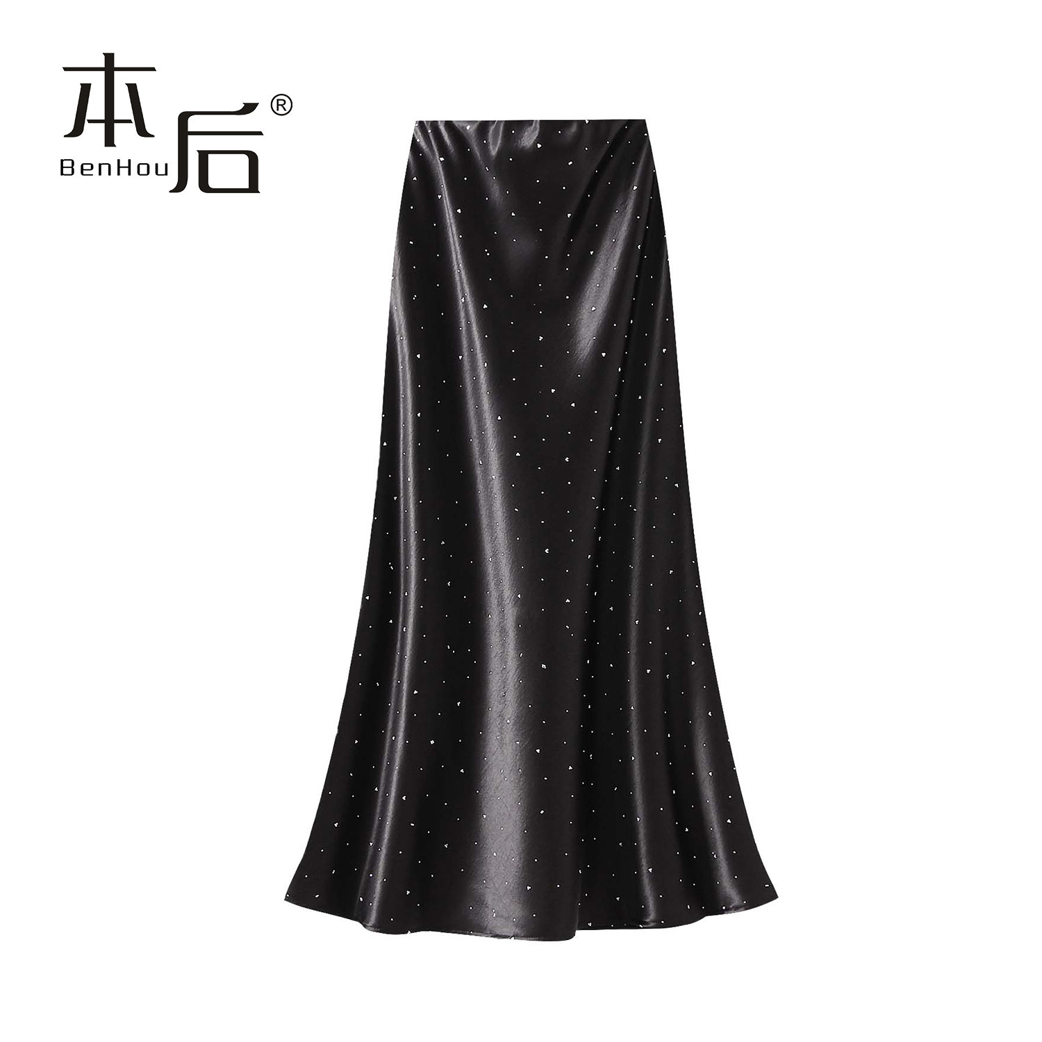 9867 烫钻凉感缎面鱼尾半身裙女长裙夏2026新款高腰垂感a字包臀裙
