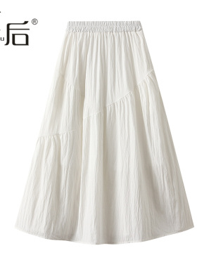 1016 口袋松紧腰褶皱a字半身裙春秋女高腰显瘦休闲中长款小个子