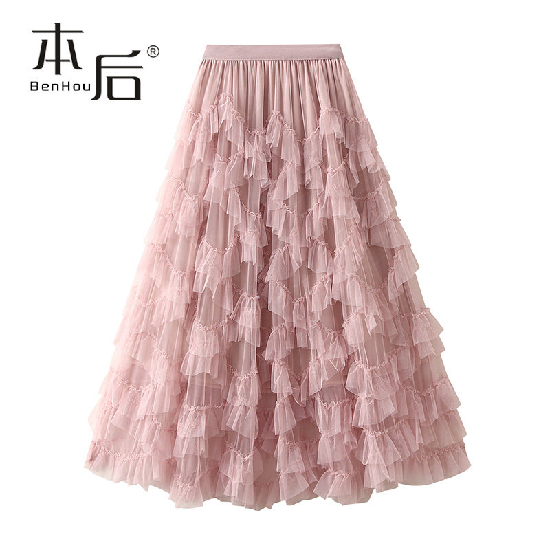 1393 仙气重工花边网纱蓬蓬蛋糕裙半身裙春秋新款大摆纱裙中长裙
