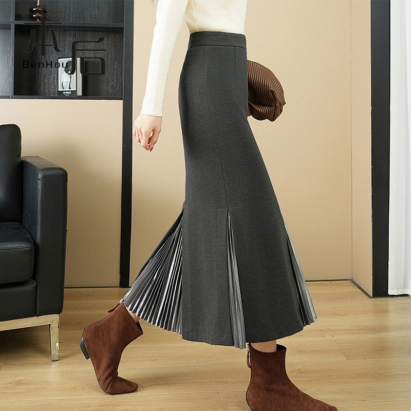 1414 压褶拼接直筒裙半身裙女秋冬中长款职业一步裙西装裙包臀裙