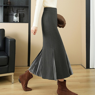 1414-缎面拼接直筒半身裙