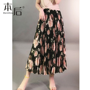 新款 玫瑰花朵提花大摆百褶半身裙春秋女中长款 198清仓 29805