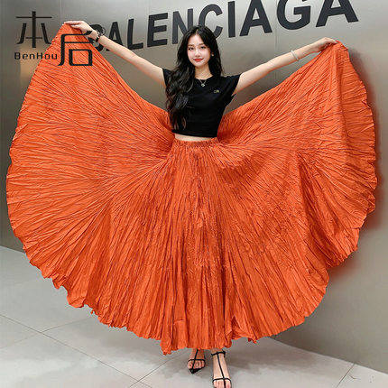 8081 不规则褶皱压褶显瘦大摆裙a字半身裙春夏女长裙新款百褶裙