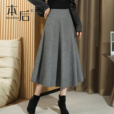 1409-加厚千鸟格毛呢半身裙大摆