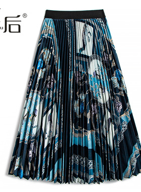 29807 （289清仓）3D数码印花百褶半身裙春秋女中长款大摆a字裙