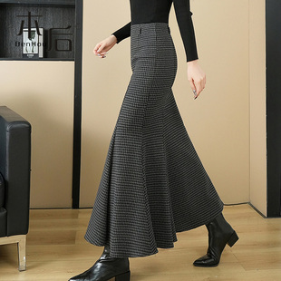 1412  弹力格子鱼尾裙半身裙秋冬女长款新款修身显瘦包臀裙一步裙