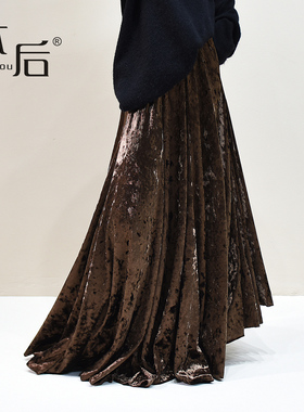 BenHou/本后 2610 大摆钻石绒丝绒a字半身裙冬女长裙子新中式加长