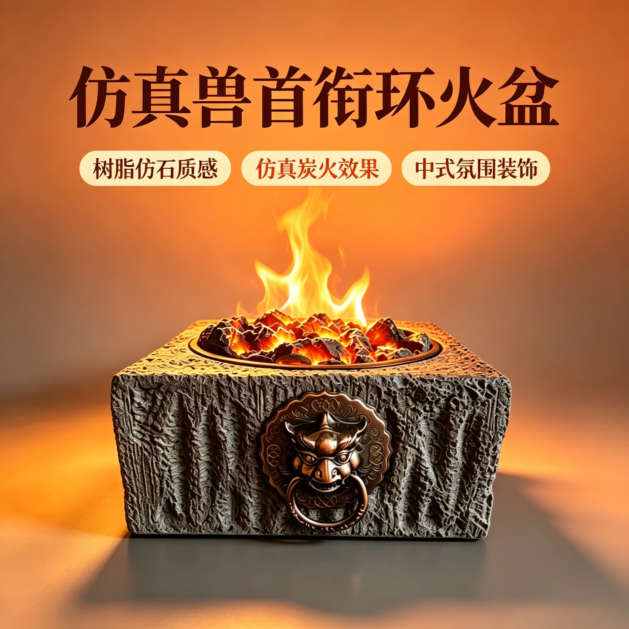 兽首衔环仿真炭火盆 茶室桌面氛围灯摆件 民宿庭院仿石装饰火盆