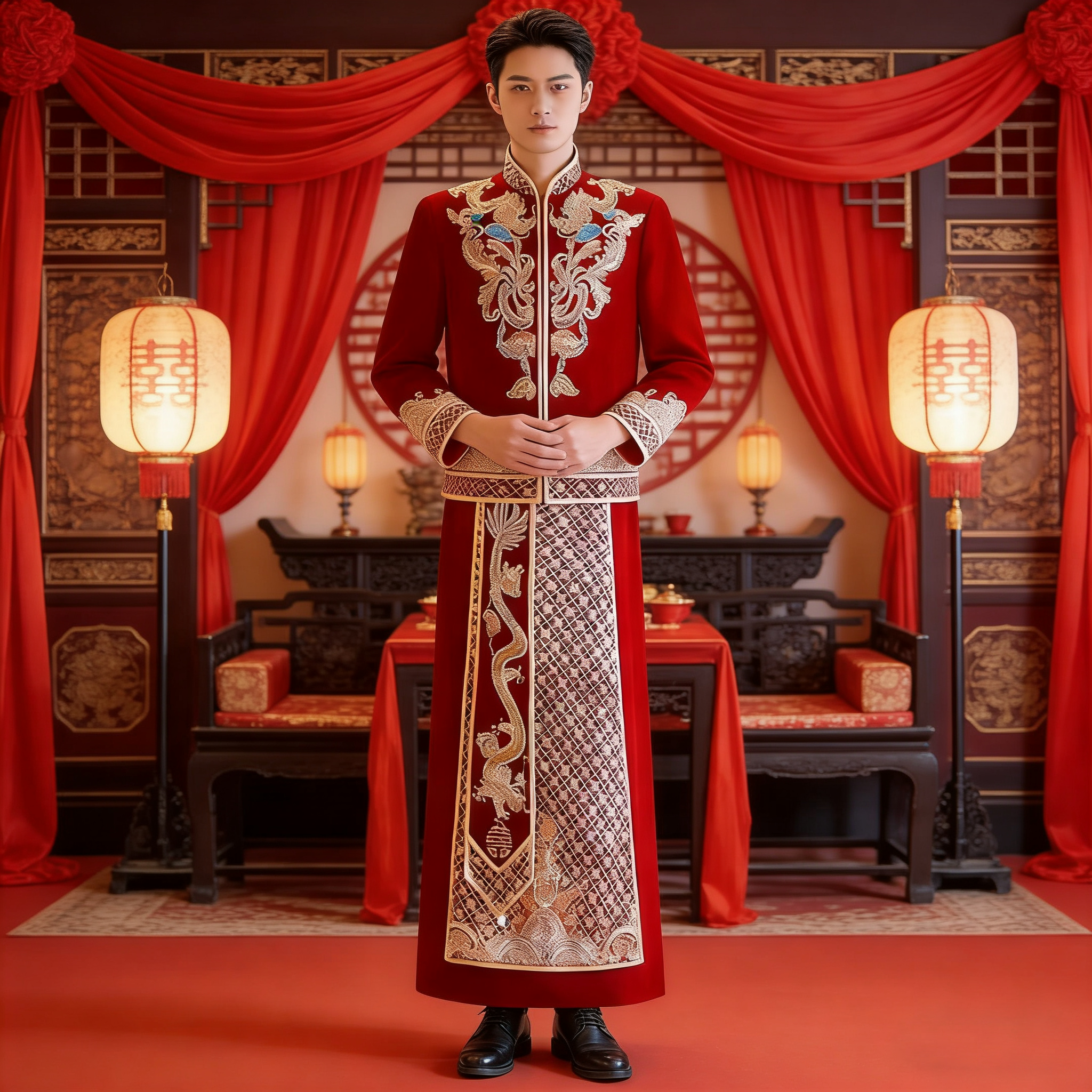 男士秀禾服酒红丝绒礼服2025中式婚服结婚龙凤褂唐装接亲男装汉服