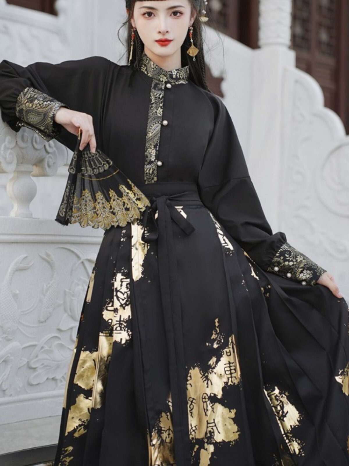 국가 스타일 HANFU 한 요소 자수 탑 시원한 검은 무술 스타일 고대 스타일 말 얼굴 스커트 정장 2023 가을 겨울 새로운 스타일