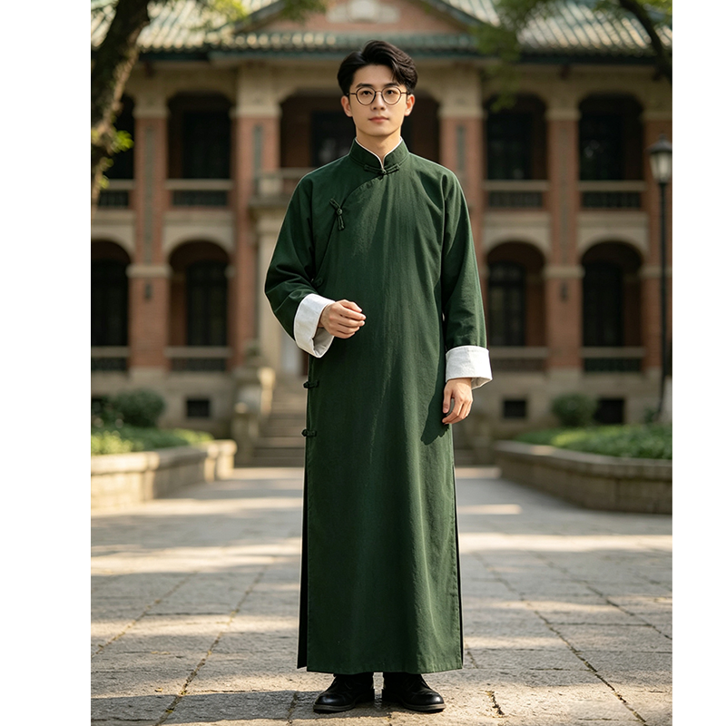 长衫民国服装男士中式旗袍亚麻长袍马褂亚麻高级感茶服男主持大褂
