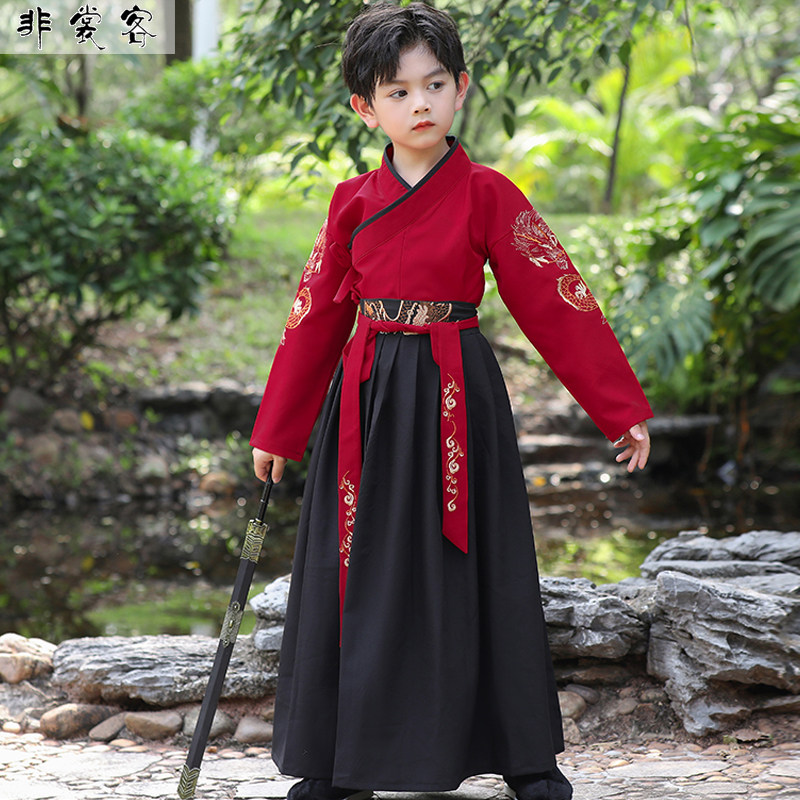 횡포 한 HANFU 소년 새로운 중국 스타일 개선 한 요소 HANFU 입체 자수 크로스 칼라 스커트 투피스 세트 여름