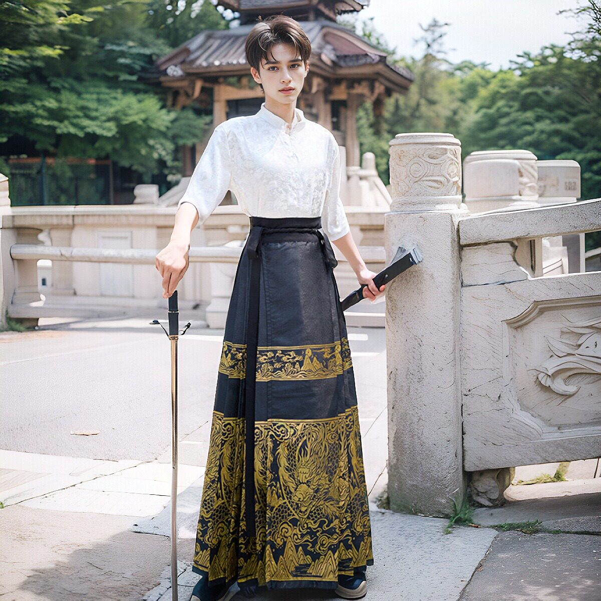 夏天马面裙汉服改良版现代男套装图片