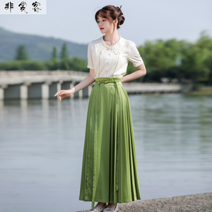 国风马面裙女套装夏装微胖汉服仙气飘逸古风女短袖衬衫半裙两件套