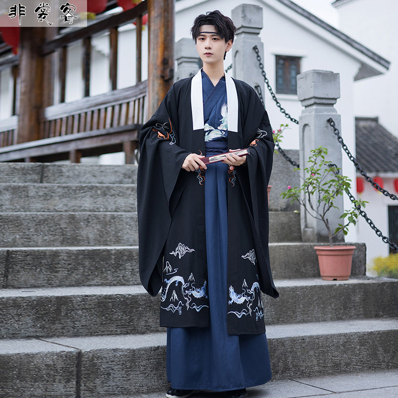 男汉服古装中国风胖子配马面裙的衬衫鹤归印花马面裙半身长裙套装