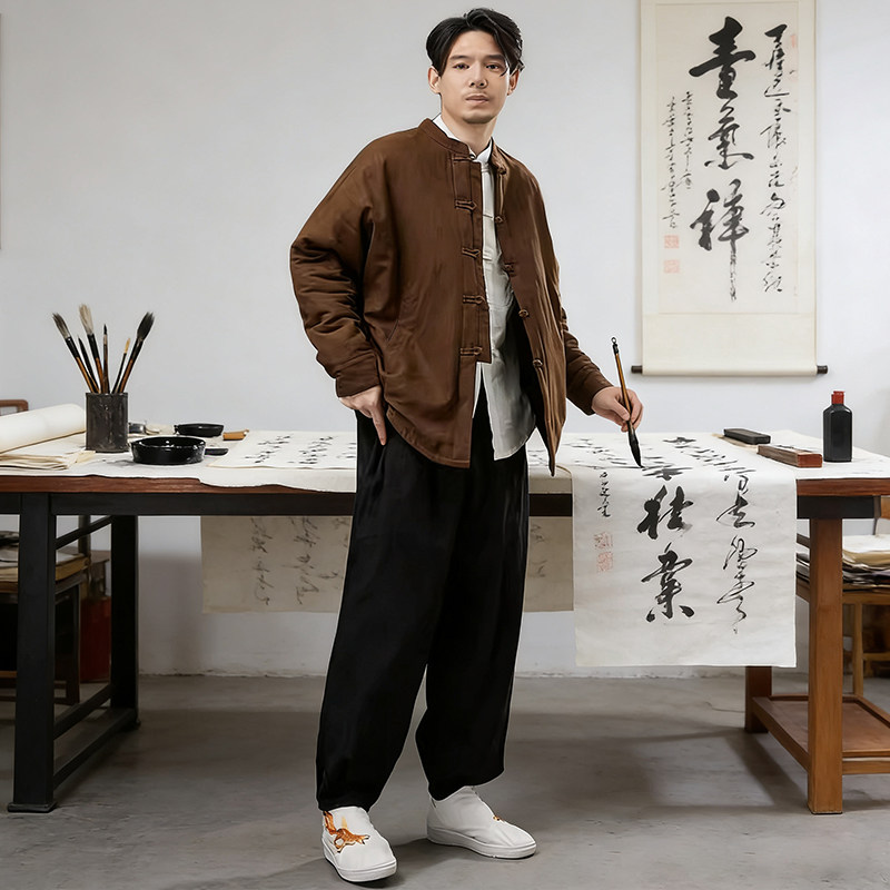 棉麻夹棉外套男款高级感棉服男冬季加厚加棉立领中国风新中式上衣