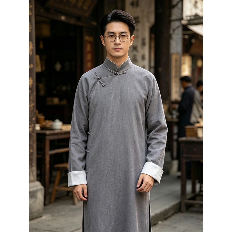 2026新款男士中式旗袍棉麻民国长袍马褂相声大褂演出文艺复古长衫