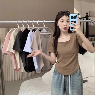 大码 洋气上衣 胖mm遮肚子显瘦别致甜美正肩方领t恤女2025夏季 新款