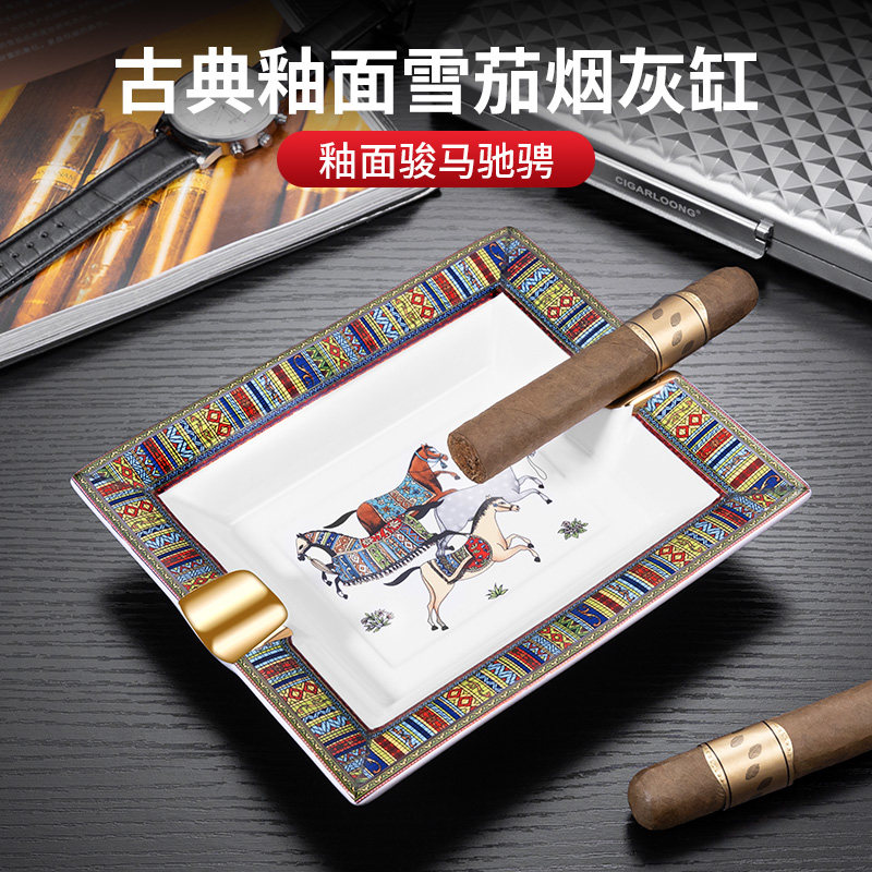 茄龙雪茄烟灰缸欧式雕骨瓷珐琅彩手绘复古家居摆饰雪茄陶瓷烟灰缸