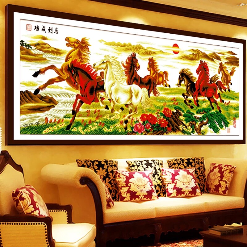 成品已绣好的马到成功2022新款机绣十字绣纯手工出售客厅八骏图