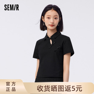 修身 女短款 商场同款 纯色百搭2023夏盘扣上衣国风T恤 森马POLO衫