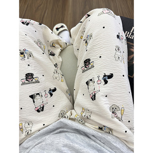 女夏天宽松阔腿空调长裤 遛弯裤 狗狗印花休闲睡裤 春秋防蚊裤 韩版