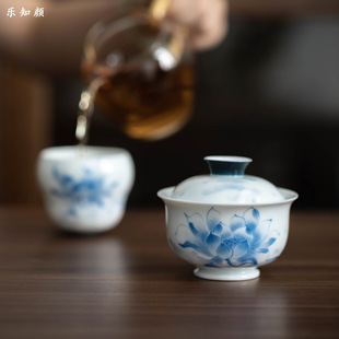 高白瓷釉下彩手绘青花莲花盖碗陶瓷功夫茶具泡茶器壶承家用敬茶碗