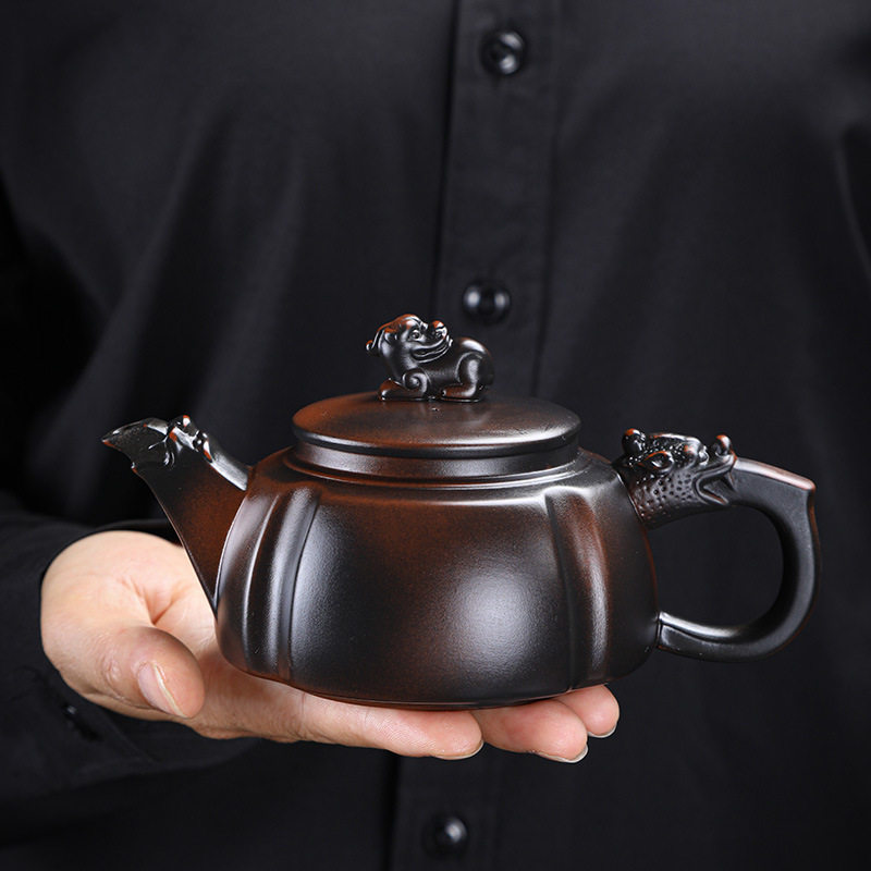 紫陶纯手工跳刀单壶浮雕汉瓦壶大容量带球过滤茶壶紫泥石瓢紫砂壶