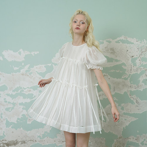 天丝麻少女泡泡袖A字连衣裙