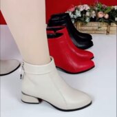 新款 2025秋冬软皮裸靴女百搭加绒小短靴低跟圆头及踝靴子马丁靴