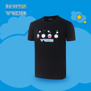 VICTOR威克多2025哆啦A梦联名款胜利棉涤羽毛球服黑色短袖上衣