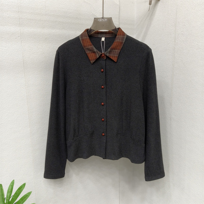 26A23春新款舒适开衫微弹拼色领小衫时尚女士长袖单穿内搭短上衣