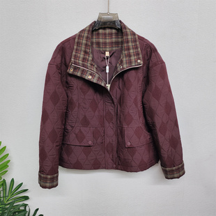 中年时尚秋冬外套洋气拼色格子翻袖短款夹克下摆抽绳女士夹衣2025