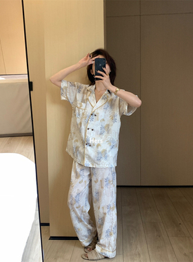 一勺甜Hers 短袖排扣休闲睡衣+高腰长裤家居服休闲宽松套装 21026