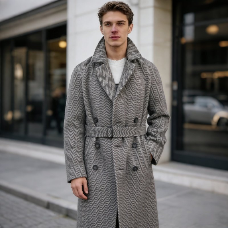 2025秋冬款男装毛呢大衣中长款风衣双排扣格子加厚时尚英伦大衣,男装,毛呢大衣,淘宝优惠券,粉丝福利购,淘宝优惠卷
