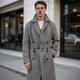 2025秋冬款男装毛呢大衣中长款风衣双排扣格子加厚时尚英伦大衣