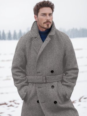 2025秋冬款男装毛呢大衣中长款风衣双排扣格子加厚时尚英伦大衣