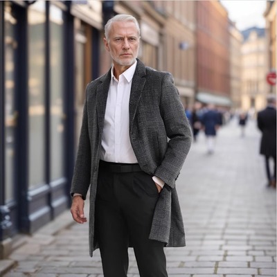 2025秋冬加厚夹棉男装格子毛呢大衣中长款风衣千鸟格大衣外套