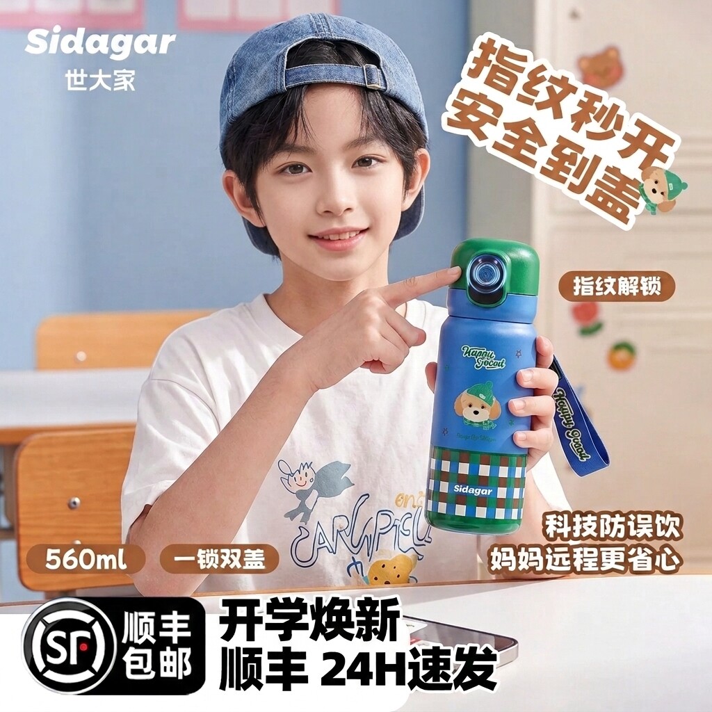 世大家指纹水杯儿童吸管保温杯男孩学生上学专用蓝牙指纹解锁杯子