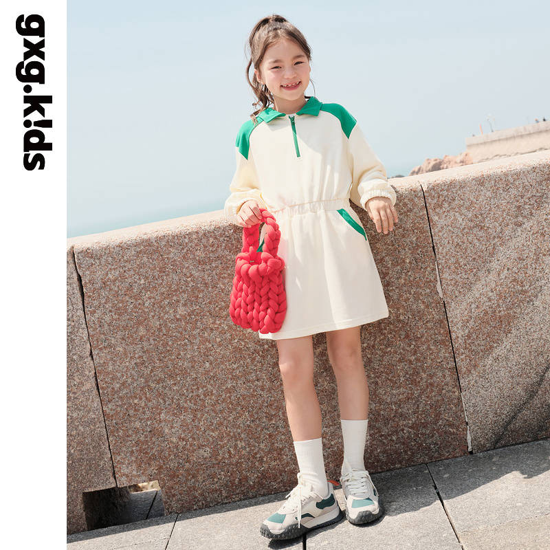 gxgkids童装儿童连衣裙秋新品女童撞色拼接卫衣裙休闲多搭裙子