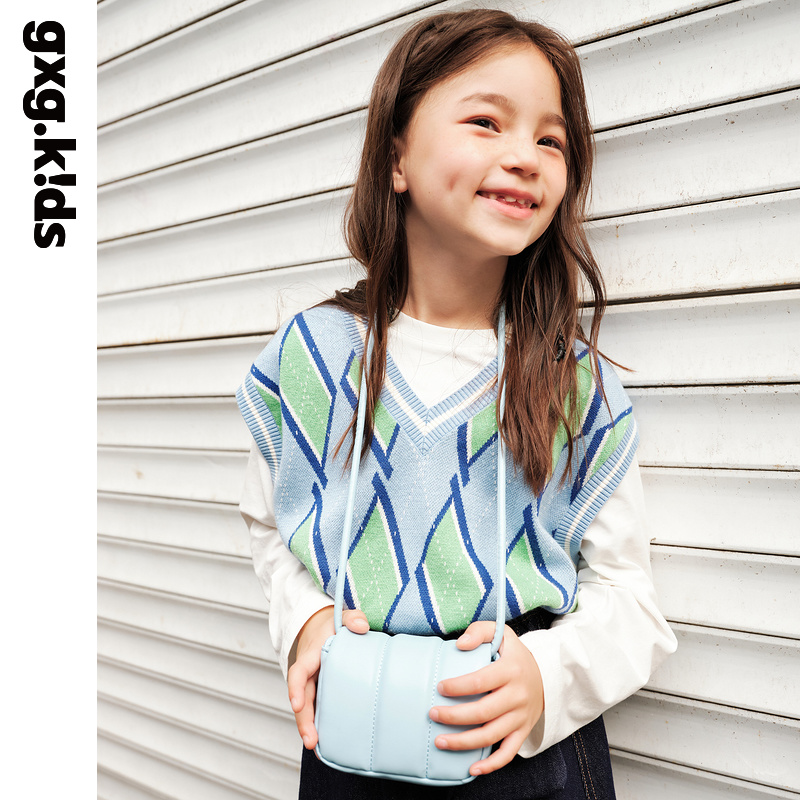 gxgkids童装儿童背心秋新品女童洋气菱格v领毛线针织马甲内搭