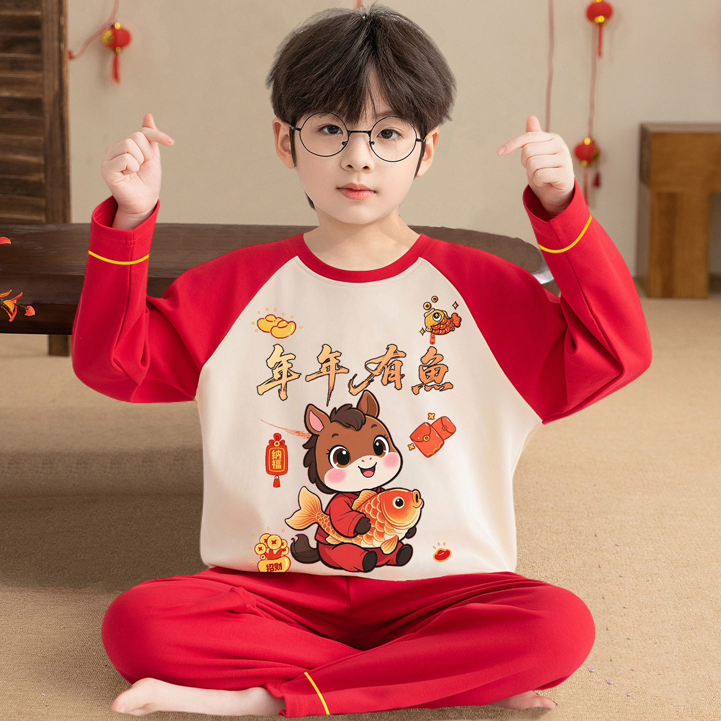 男童红色纯棉睡衣春秋本命年套装