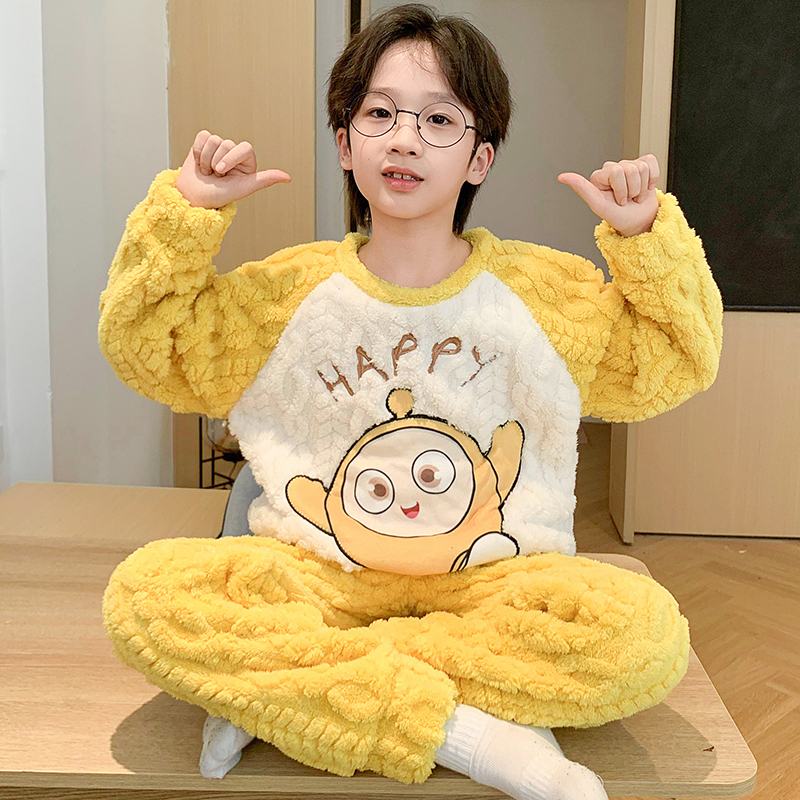 冬蛋仔睡衣男童珊瑚绒法兰绒套装