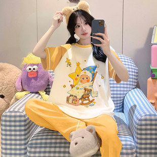 春夏季睡衣女纯棉短袖长裤薄款可爱星星人少女款初中生家居服套装