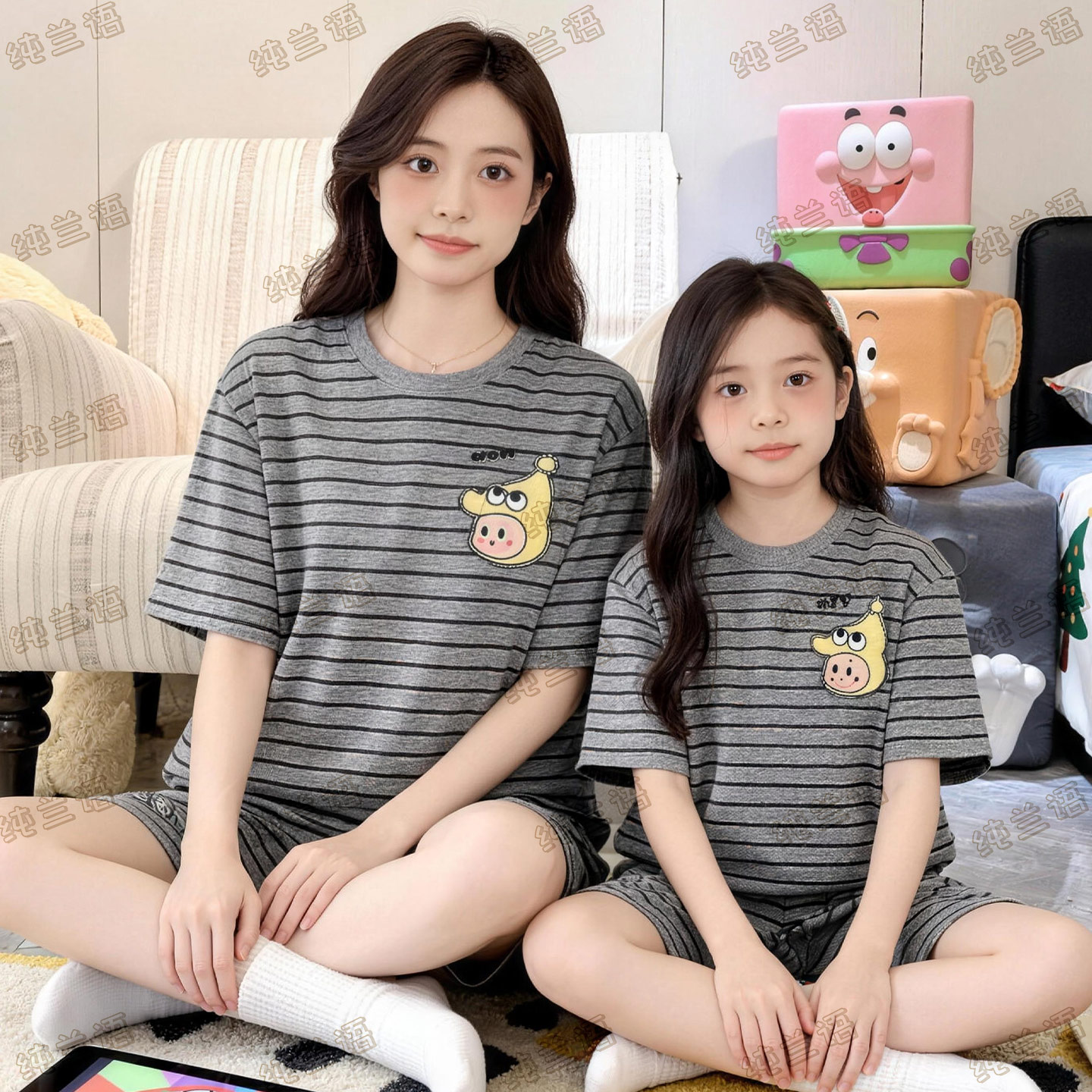 条纹母女夏季短袖星星纯棉睡衣