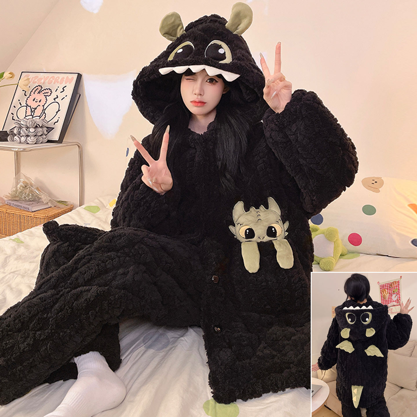 女冬季三层夹棉加厚无牙仔睡袍